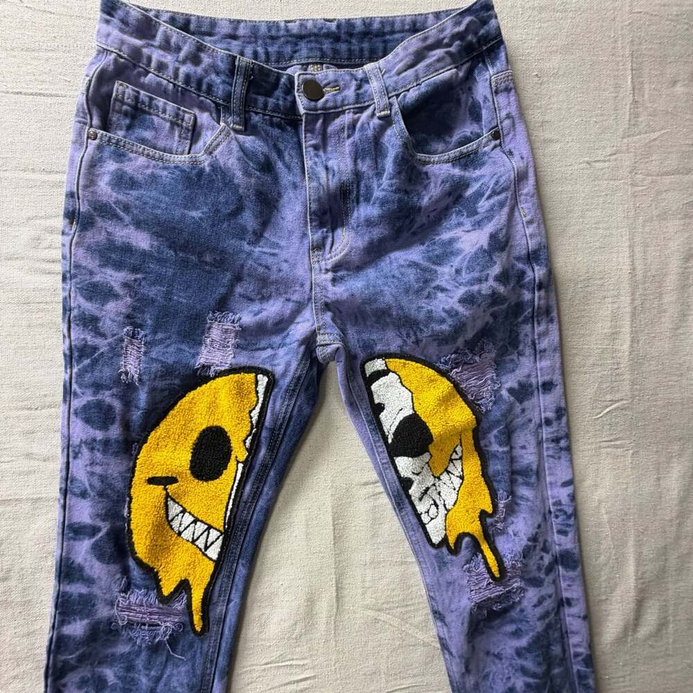 Smiley Face Patch Good vs Evil Distressed Denim Jeans